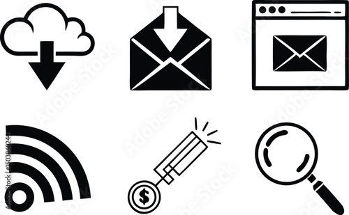 Web and Internet Icon Set. Digital Network Icon Collection. Online Technology Icon Design. Internet Connection Icon Pack. Website and Cloud Icon Set