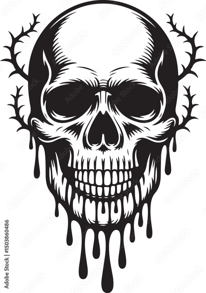 Fototapeta premium Melting Skull Vector, Dripping Horror Skull Illustration, Black and White Creepy Design, Gothic Tattoo Art, Monochrome Illustration of Melting Skull with Dripping Effect