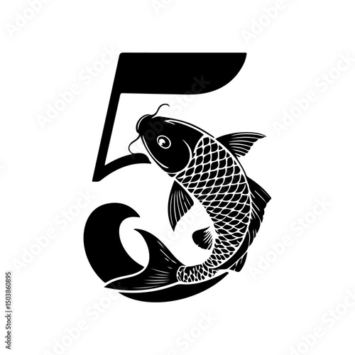 Stylized Number 5 with Koi Fish and Wave Design Logo
