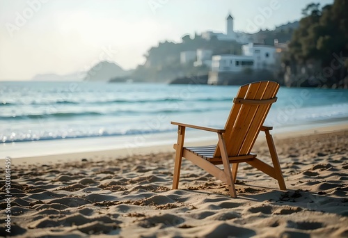 Wooden Adirondack chair on sandy beach looking out over ocean, with distant town and hills under a sunny sky.