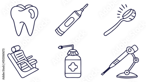 Line Art Illustration Of Dental Tools And Equipment Including Toothbrush Toothpaste Dental Chair And Medical Instruments
