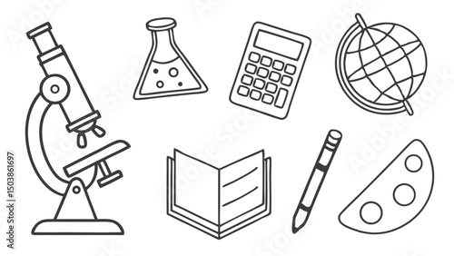 Line Art Illustration Of School Education Tools Including Microscope Globe Calculator Book Pencil Palette And Flask