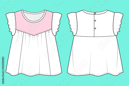 Infant Toddler Baby girls Puff sleeve Dress Fashion flat sketch CAD mockup front and back views.