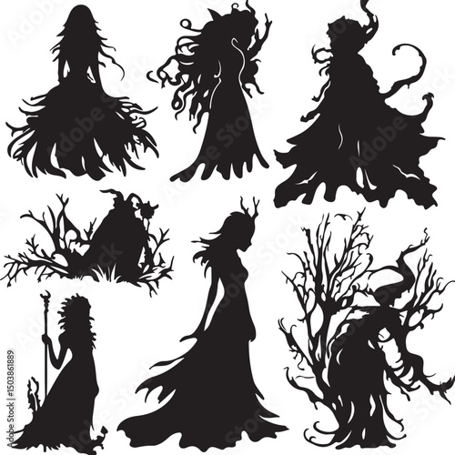 Silhouette Illustrations of Fantasy Forest Goddesses: Vector Art Collection of Mythical Female Figures in Nature, Witchcraft & Fairy Tales