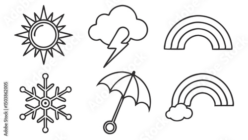 Line Art Illustration Of Weather Icons Including Sun Cloud Lightning Snowflake Umbrella And Rainbow Symbols
