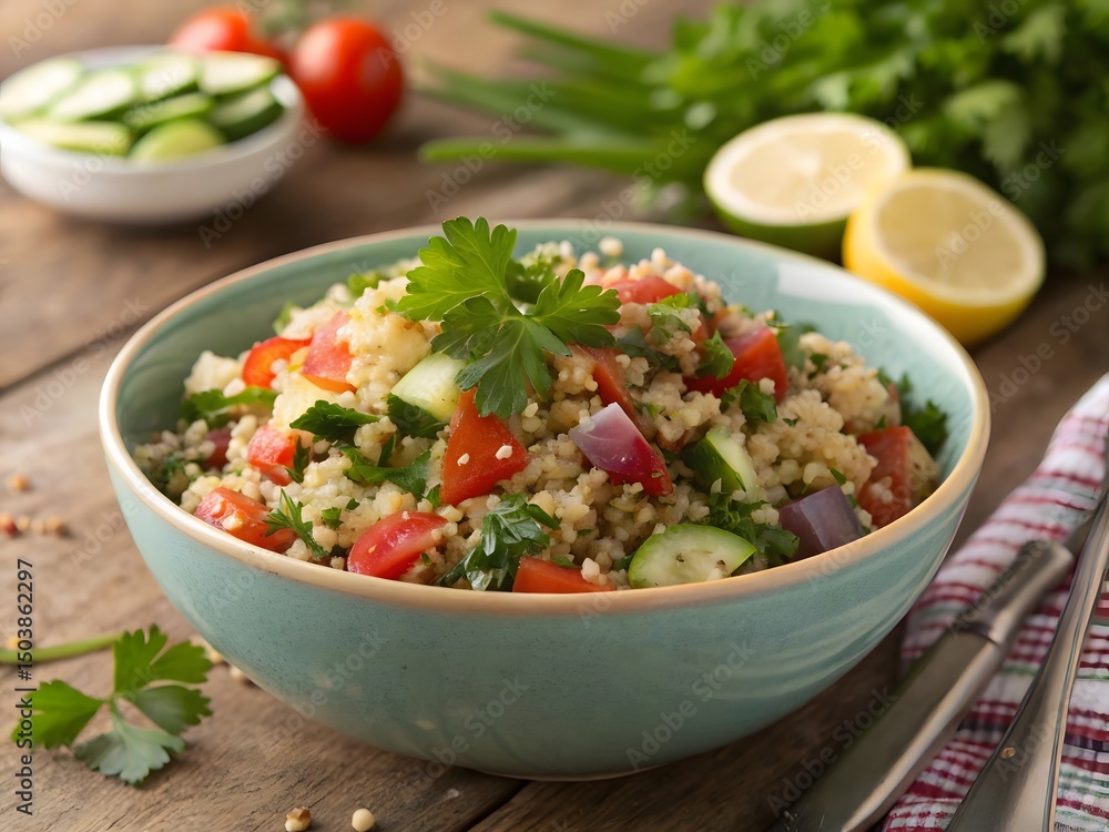 Fresh Quinoa Salad with Tomato, Cucumber, and Herbs – Healthy Vegan Meal in Rustic Kitchen Setting. Fresh Quinoa Salad with Tomato, Cucumber, and Herbs – Healthy Vegan Meal in Rustic Kitchen Setting.