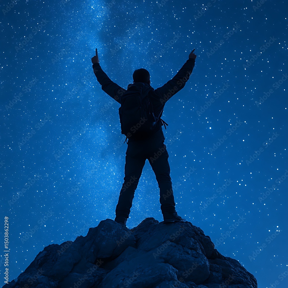 Silhouetted hiker atop a peak, arms raised, gazing at the Milky Way Silhouetted hiker atop a peak, arms raised, gazing at the Milky Way
