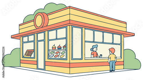 Colorful Cartoon Illustration Of Fast Food Restaurant With Outdoor Counter And Customers In Front Of Shop