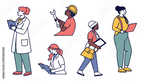 Colorful Cartoon Illustration Of Diverse Female Professionals In Various Occupations Including Doctor Engineer And Office Worker