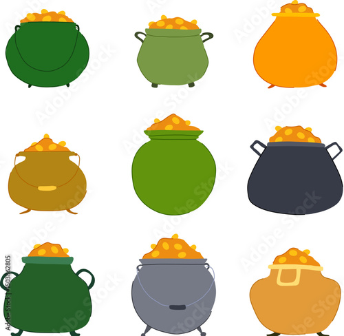 leprechaun gold pot set cartoon vector illustration