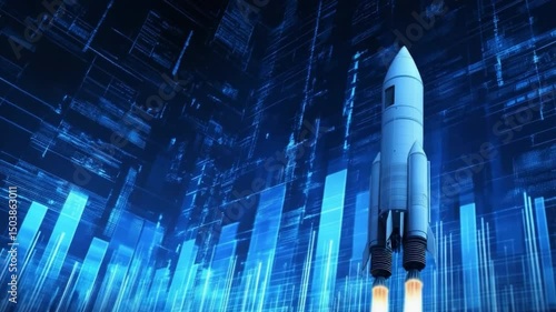 Rocket Launch in Digital World: A sleek rocket blasts off into the digital stratosphere, its engines igniting with power. Highlighting innovation, technology, and space exploration.