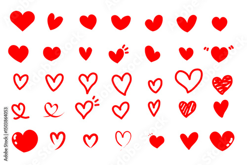 手描き風の赤いハートアイコンセット | Hand-drawn Red Heart Icon Set