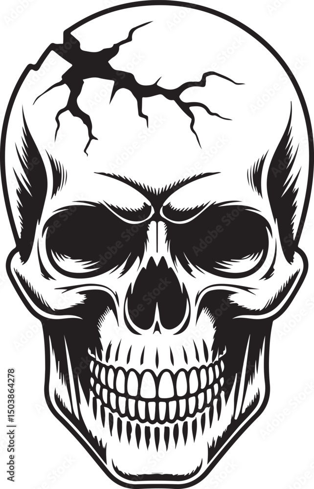 Fototapeta premium Cracked Skull silhouette, Horror Tattoo Design, Grunge Skeleton Art | Detailed Black and White Skull Illustration With a Cracked Forehead Design