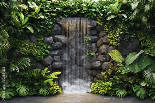 Lush green plants and creeping vines surround the rock wall waterfall, creating a tropical oasis