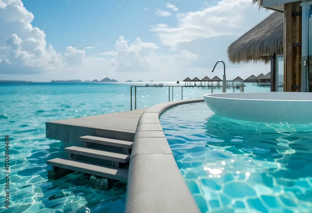 Obraz premium Photo of a tropical overwater bungalow with steps into a turquoise lagoon, other bungalows and the ocean in background.