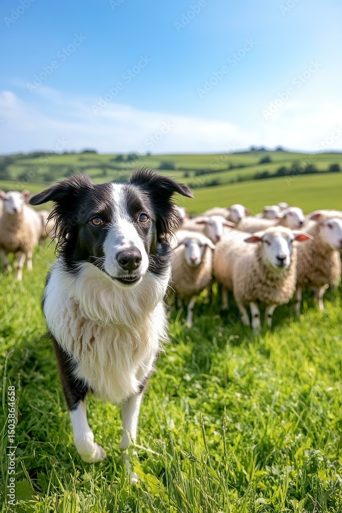 Obraz premium Border collie herding sheep in wide green field 