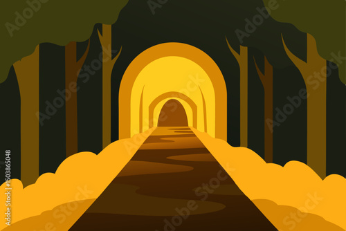 Ancient stone arches create a glowing tunnel passage through a medieval mountain monastery