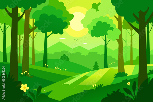 bright green forest with sunlit clearing 