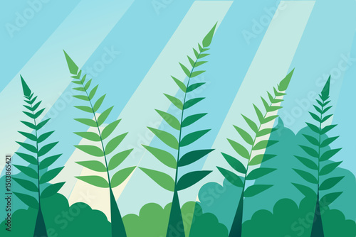 Vibrant vector illustration of green nature, featuring lush leaves, tropical foliage, and forest growth, perfect for a summer or spring background design