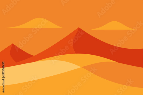 Vector illustration of desert landscape with pyramids, hot sun, and orange sand dunes at sunset