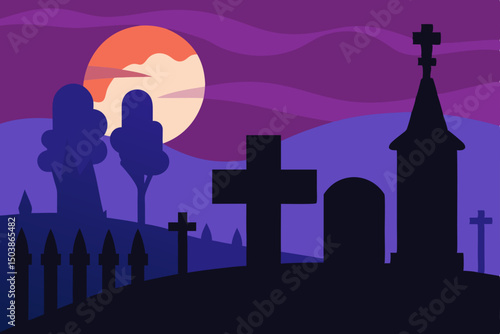 A haunting vector silhouette illustration of a couple in a cemetery at night with a cross, perfect for Halloween art or urban architecture