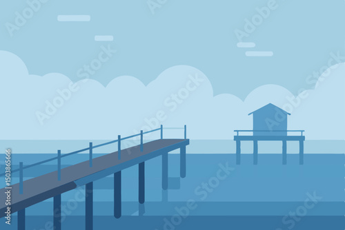 Sunset pier and wooden bridge over the ocean with a cloudy sky and beach landscape view
