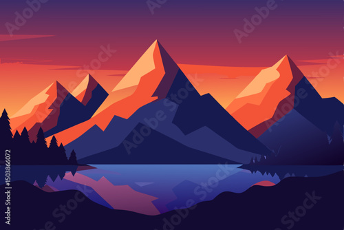 Golden evening sun descends over a serene mountain landscape, painting the sky with vibrant clouds and morning mist