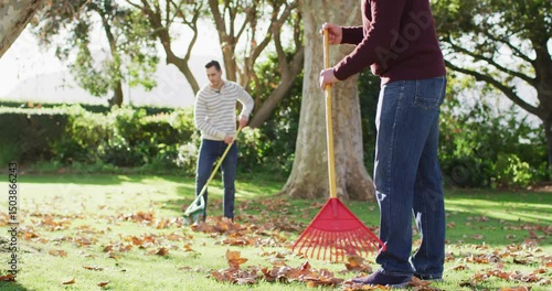Video of happy caucasian senior father and adult son raking up autumn leaves in garden