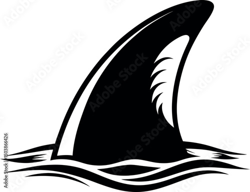 Stylized shark fin swimming in ocean water in black and white vector silhouette