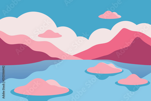pink tinged clouds floating above alpine lake 