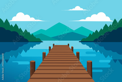 rustic wooden pier leading into a calm summer lake background