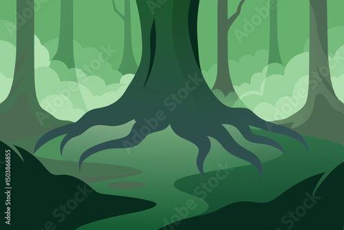 soft mist unraveling between tree roots in a moss 