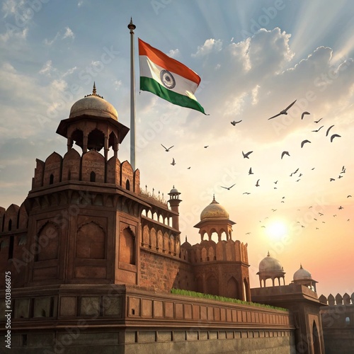 Indian flag atop red fort with birds flying at sunset in new delhi india