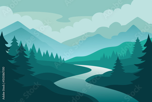 summer fog over river winding through dense forest