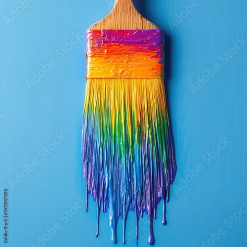 pride month concept. Colorful paint dripping from a brush against a blue background. photo
