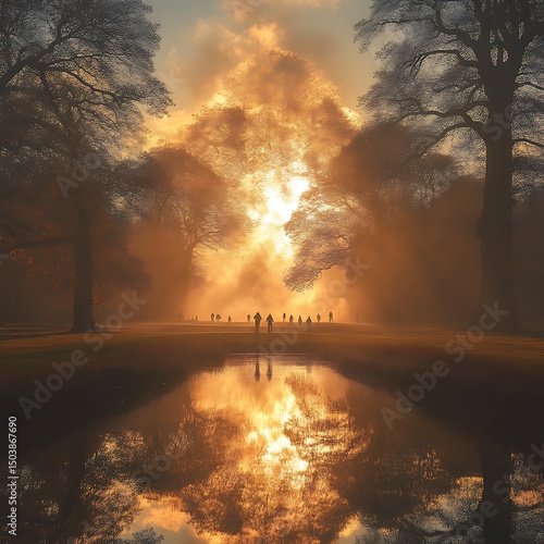 Golden sunrise through misty forest reflected in a tranquil pond.  Silhouette figures walk in the foreground