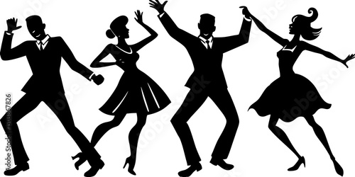 "Retro Dance Silhouettes – Vintage Art Deco Style in High-Contrast Black and White"