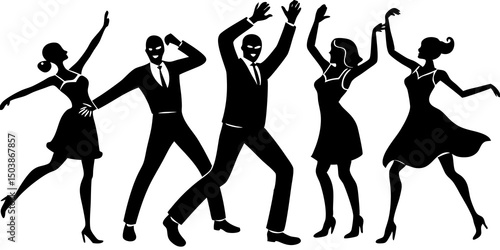 "Retro Dance Silhouettes – Vintage Art Deco Style in High-Contrast Black and White"