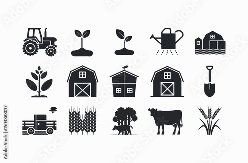 Collection of Farm Icons in Simple Silhouette Style