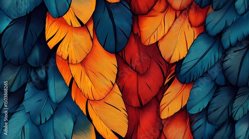 Parrot feather tile with multicolored details, suitable for exotic wallpaper, animal print products, and natural pattern compositions.