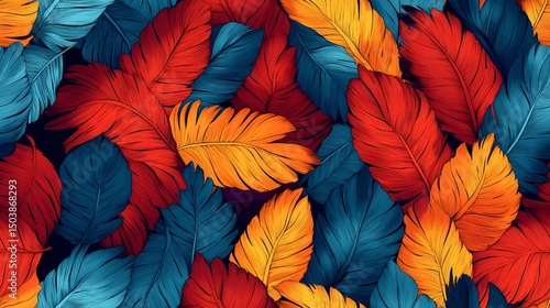 Parrot feather tile with multicolored details, suitable for exotic wallpaper, animal print products, and natural pattern compositions.