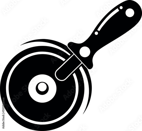 Stylized pizza cutter in black and white, prepared to make some slices vector silhouette