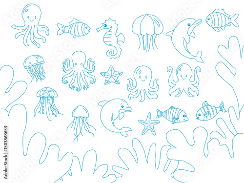 seamless pattern with sea animals. Cute hand drawn sea animals doodle set. Ocean and sea animal set. Collection of aquatic creature. Set with hand drawn sea life elements. 