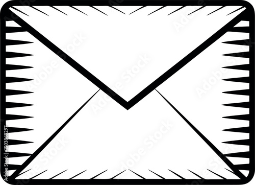 Stylized black and white envelope icon with toothy border and sharp edges vector silhouette