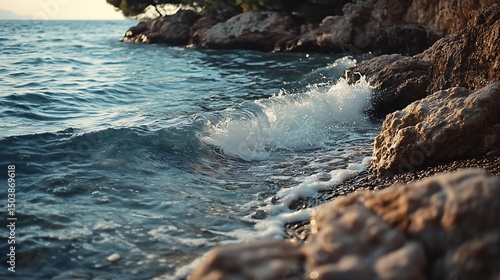 A wave crashes along the rocky shoreline, its energy shimmering in the sunlight glow