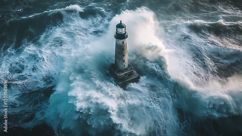 Aerial view shows massive waves crashing against the remote lighthouse under an overcast sky