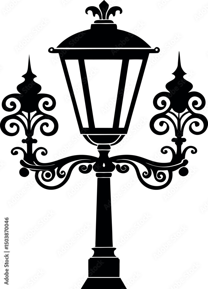 Ornate Black Street Lamp with Decorative Swirls and Fleur de Lis vector Ornate Black Street Lamp with Decorative Swirls and Fleur de Lis vector