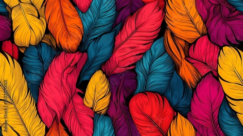 Tile pattern of vibrant bird feathers, perfect for tropical visuals, animal-themed branding, and nature-inspired compositions.