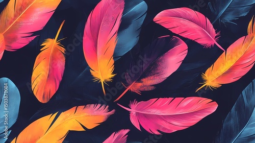Tile pattern of vibrant bird feathers, perfect for tropical visuals, animal-themed branding, and nature-inspired compositions.