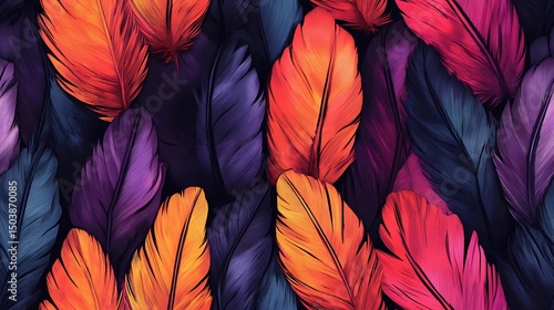Tile pattern of vibrant bird feathers, perfect for tropical visuals, animal-themed branding, and nature-inspired compositions.